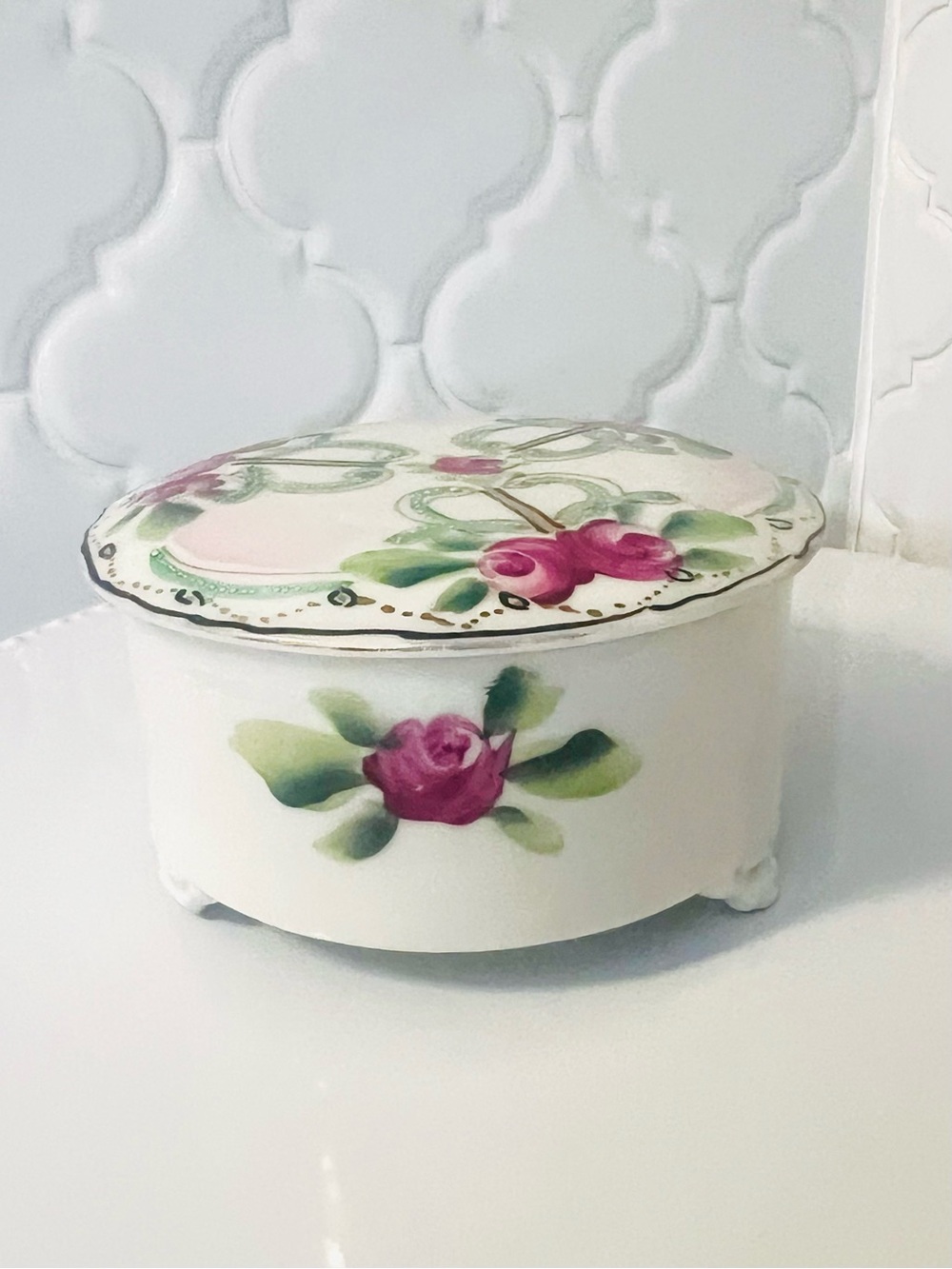 Hand-Painted Porcelain Trinket Box with Rose Motif and Gold & Green Accents